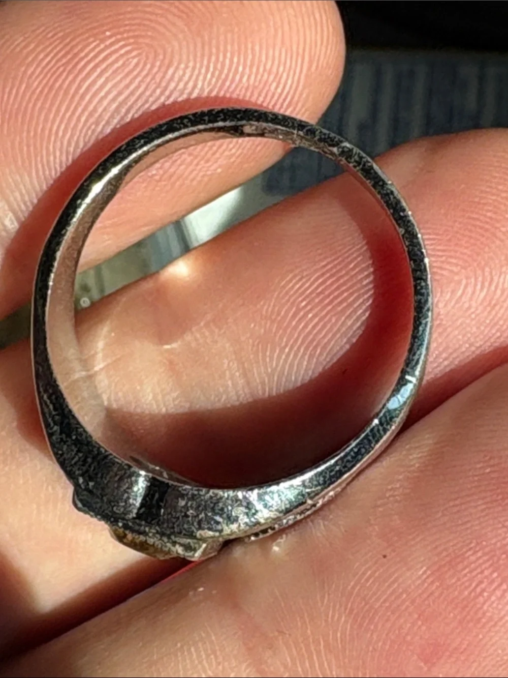 Men's Size 11.5 Silver Tone Signet Ring with Clear Center Stone and Blue Accents